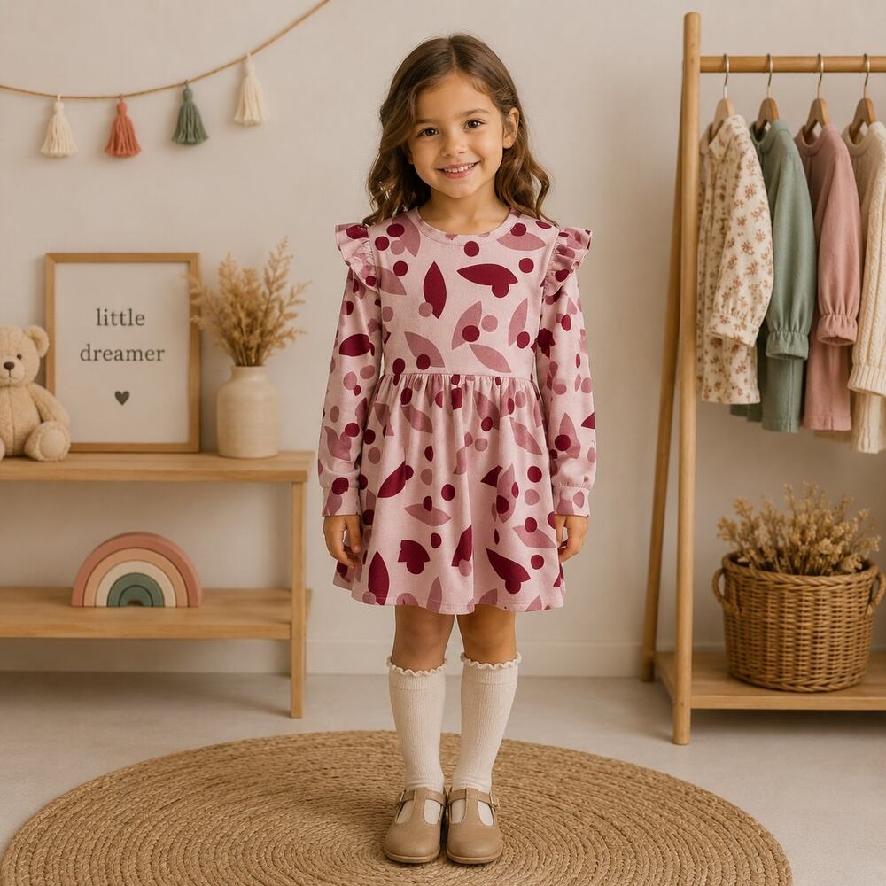Tiny Tribe Girls Pink Abstract Floral Long Sleeve  Dress 4T